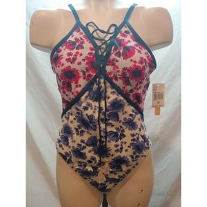 NEW Gibson & Latimer Dillards Medium One Piece Swimsuit Floral Lace Up Medium